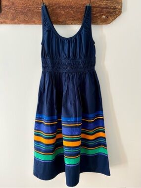 Lands' End—Cotton Navy Sleeveless Striped Dress, Smocked Waist (Size MP)